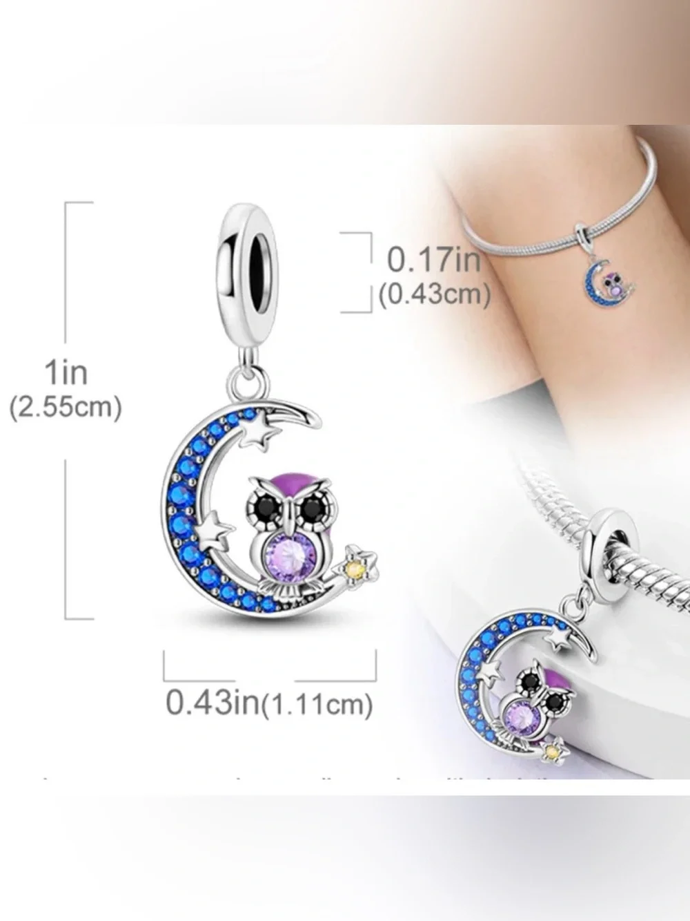 🌙 925 Sterling Silver Owl on Moon Dangle Charm NWT